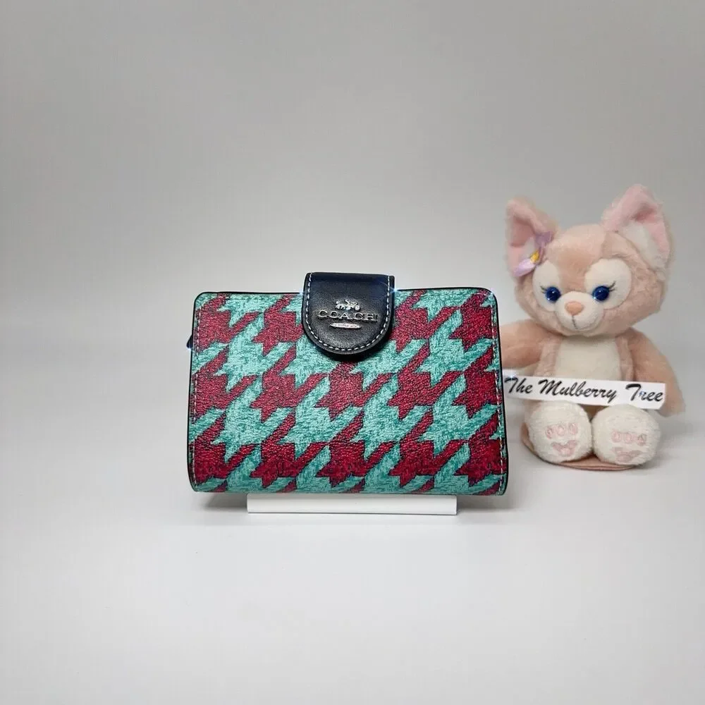 Coach Medium Corner Zip Wallet With Houndstooth Print Teal Wine CJ680 NWT $198